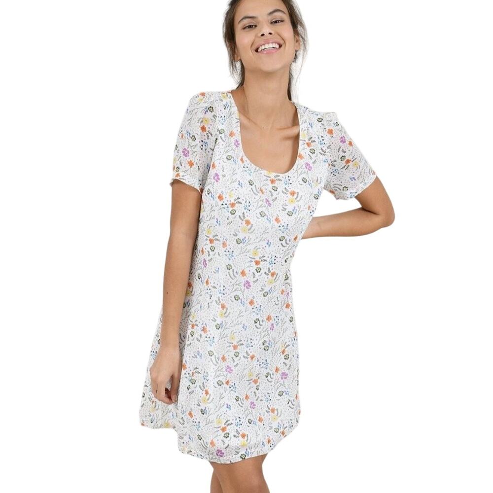 Molly Bracken White Floral Short Sleeve Scoop Neck Mini Dress Size Medium
